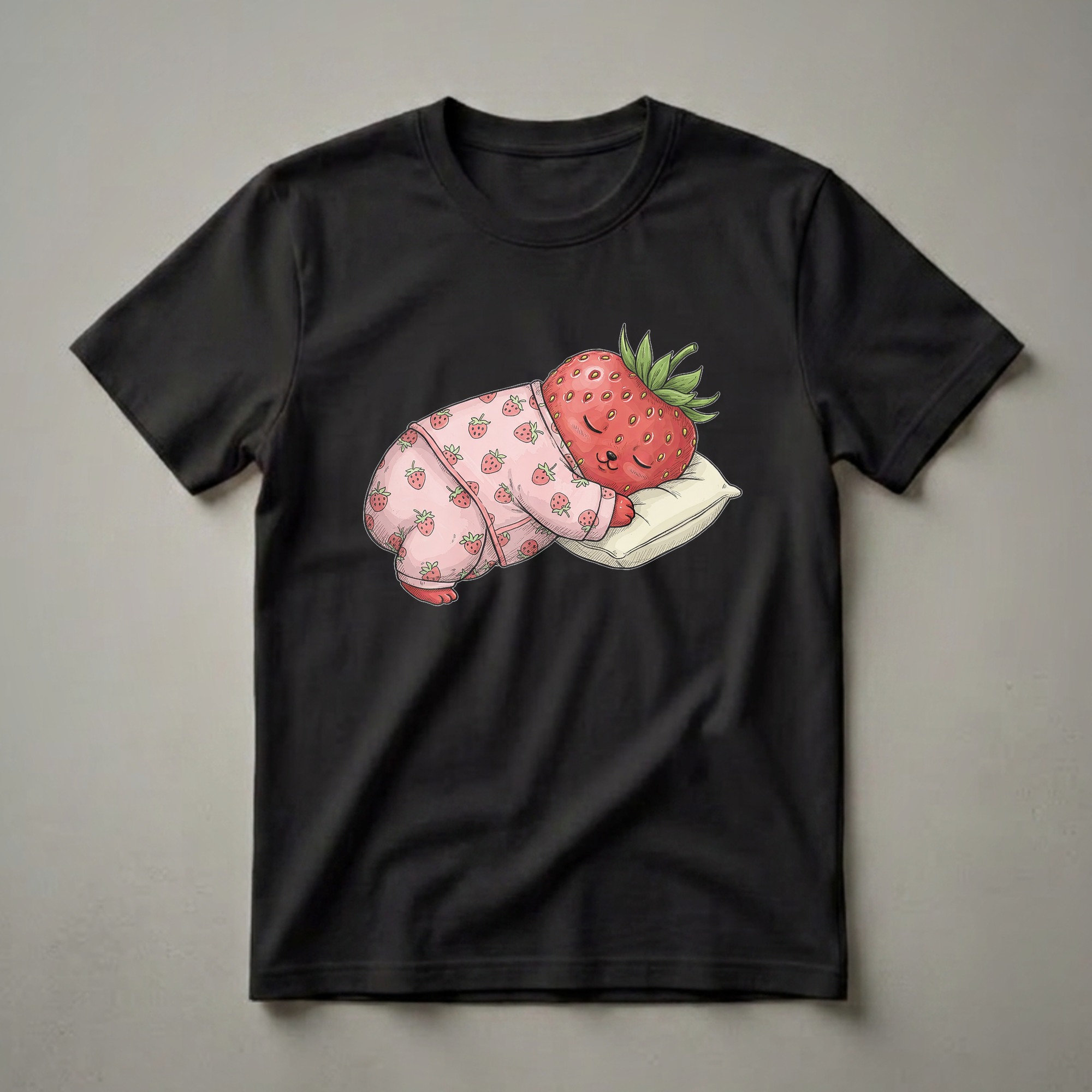 Pink pajama t-shirt featuring a sleeping cartoon strawberry with a strawberry pattern on the pajamas, resting on a pillow.