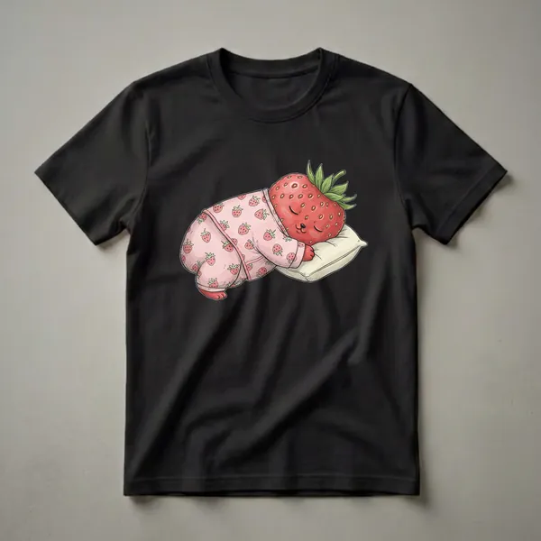 Pink pajama t-shirt featuring a sleeping cartoon strawberry with a strawberry pattern on the pajamas, resting on a pillow.