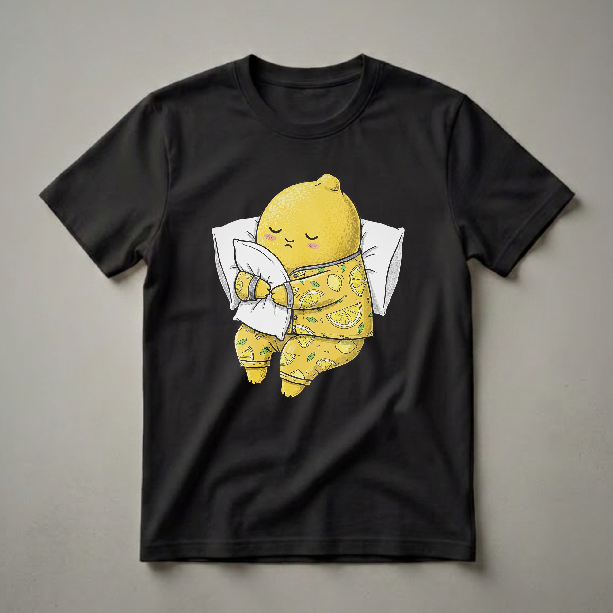 Yellow graphic t-shirt featuring a cartoon lemon character wearing yellow pajamas with a lemon pattern, sleeping on a white pillow.