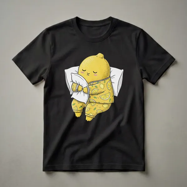 Yellow graphic t-shirt featuring a cartoon lemon character wearing yellow pajamas with a lemon pattern, sleeping on a white pillow.