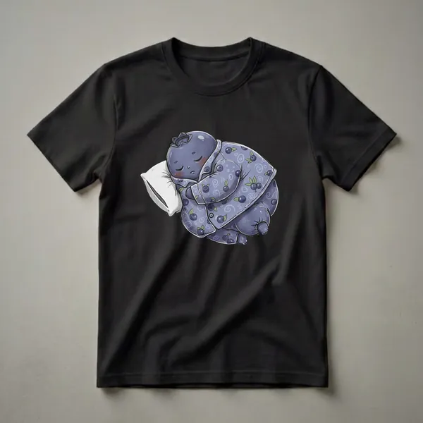 A cartoon blueberry character wearing blue pajamas with a blueberry pattern, sleeping peacefully on a white pillow. The character has closed eyes and rosy cheeks.