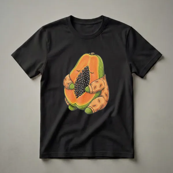 A graphic t-shirt featuring a cartoon papaya fruit wearing orange pajamas with smaller papaya patterns, depicted with closed eyes and hugging itself.