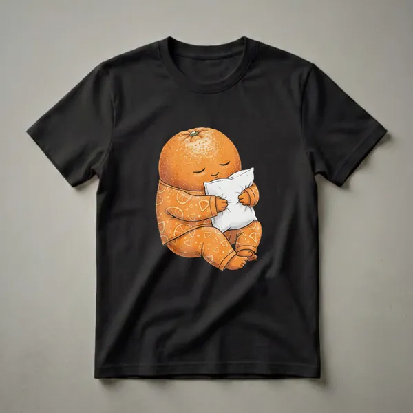 Orange graphic t-shirt featuring a cartoon orange character wearing pajamas with orange slice patterns, sleeping peacefully with a white pillow.