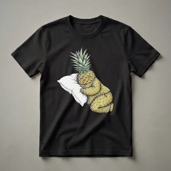 White graphic t-shirt featuring a detailed illustration of a yellow pineapple wearing white pajamas and sleeping on a white pillow against a black background.