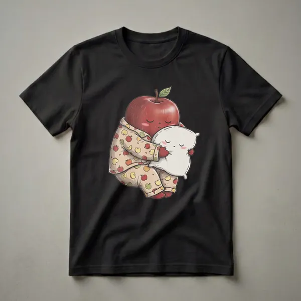 A red apple character wearing pajamas with an apple pattern, hugging a white pillow, with closed eyes and rosy cheeks, on a black background.