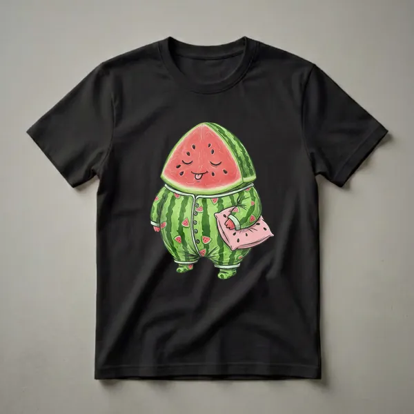 Green watermelon slice character wearing striped pajamas with watermelon prints, holding a pink pillow, on a black background.