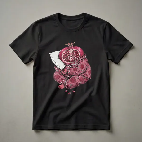 A red pomegranate character wearing a pink pajama set with pomegranate patterns, sleeping on a white pillow, with loose seeds on a black background.