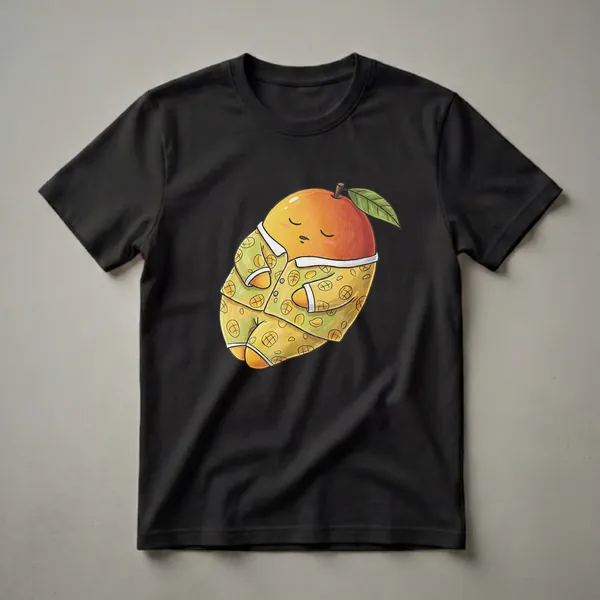 A graphic t-shirt featuring a cartoon mango character wearing green pajamas patterned with smaller mangoes, depicted in a sleeping pose with closed eyes and rosy cheeks.