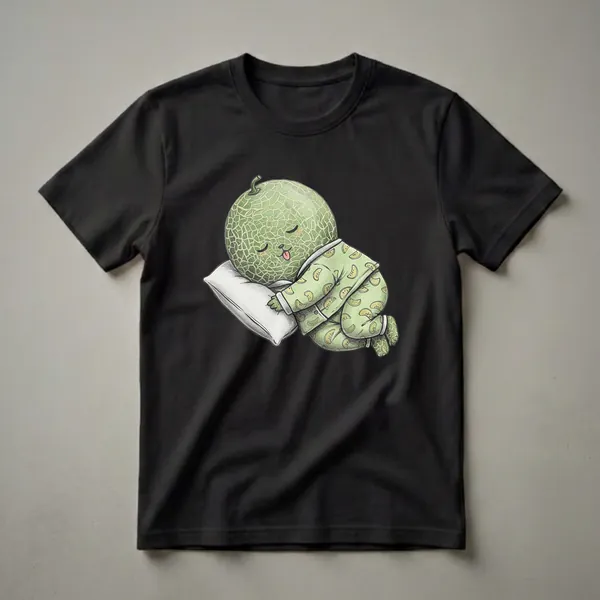 Green cantaloupe melon character wearing light green pajamas with melon slice patterns, sleeping on a white pillow, on a black background.