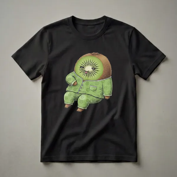 Green t-shirt featuring a cartoon kiwi fruit character wearing green pajamas with kiwi slice patterns, depicted with a sleepy expression and tongue sticking out.
