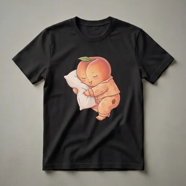 Orange graphic t-shirt featuring a cute cartoon peach character wearing pajamas and sleeping soundly while hugging a white pillow, with its tongue sticking out.