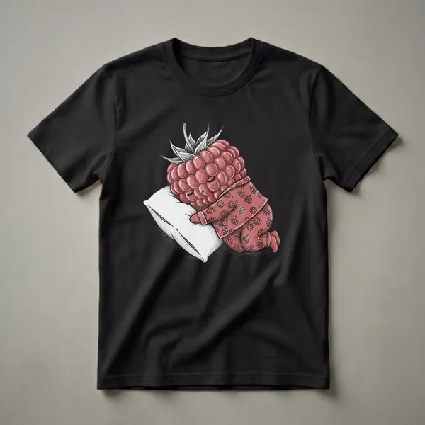 A sleepy raspberry character wearing red pajamas patterned with smaller raspberries, resting on a white pillow. The graphic is sketched with a red and black color scheme.