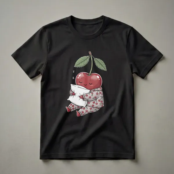 Black t-shirt featuring a cartoon cherry wearing pajamas and hugging a pillow, with 'Z's indicating sleep.
