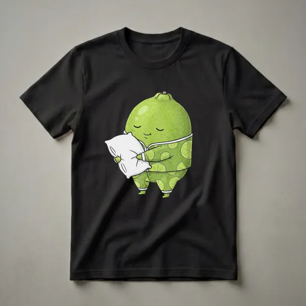 A green lime character wearing green pajamas with lime slices, hugging a white pillow, with closed eyes and a smile, rendered in a watercolor style.