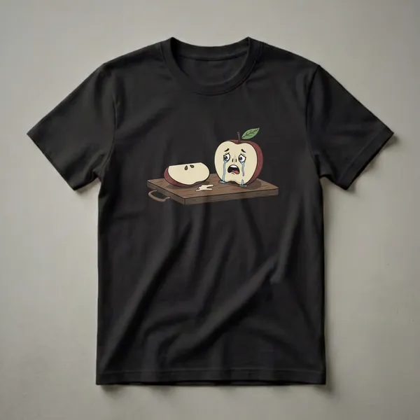 A graphic t-shirt featuring a cartoon of a crying apple half and a slice on a wooden cutting board, with a leaf on the apple.