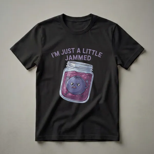 Black t-shirt featuring a cartoon blueberry character with an angry face stuck inside a glass jar of purple blueberry jam, with the text 'I'M JUST A LITTLE JAMMED' above.