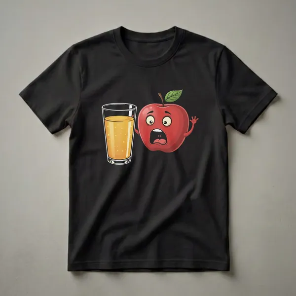 Black t-shirt featuring a cartoon red apple with a shocked expression next to a glass of bubbly apple juice.