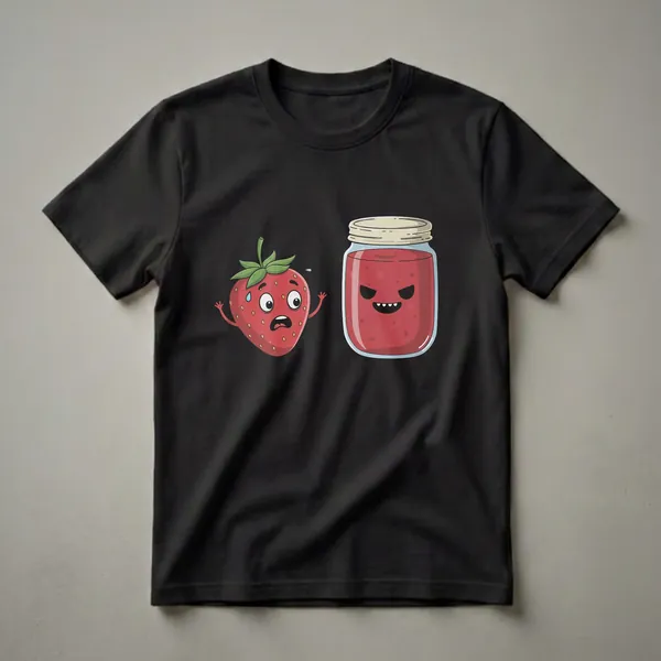 White t-shirt featuring a cartoon illustration of a scared strawberry with wide eyes and raised arms, standing next to a menacing jar of red strawberry jam with a sinister face and sharp teeth.