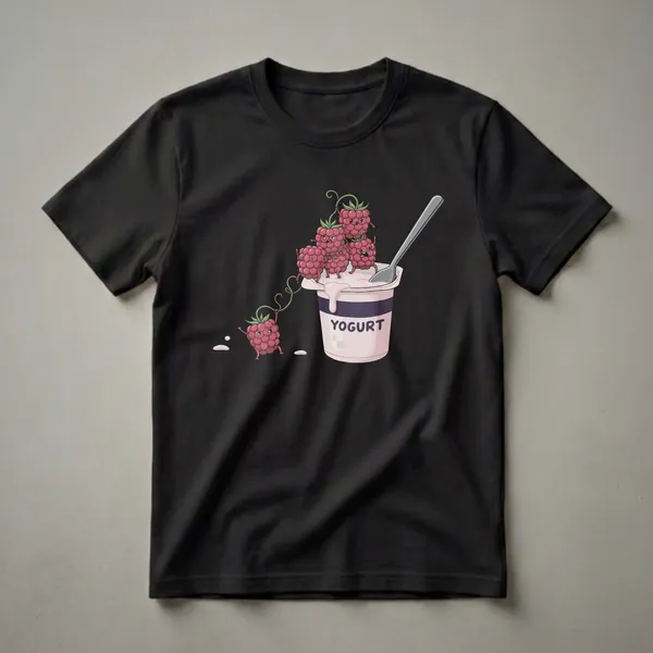 White graphic t-shirt featuring a cartoon illustration of anthropomorphic raspberries interacting with a cup of yogurt and a spoon.
