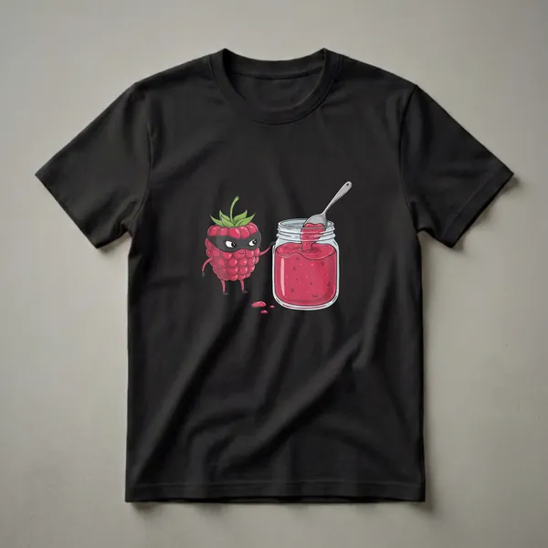 Black t-shirt featuring a cartoon raspberry wearing a black eye mask, reaching for a jar of raspberry jam with a spoon, with some jam spilled on the background.