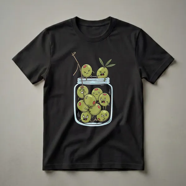 A black t-shirt featuring a humorous cartoon design of green olives with distressed faces crammed inside a glass jar, with one olive attempting to escape using a toothpick.