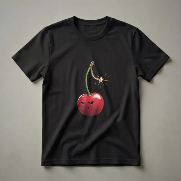 A red cherry with an angry face, a green stem, and a lit fuse resembling a bomb, set against a black background. This graphic t-shirt design is humorous and food-themed.