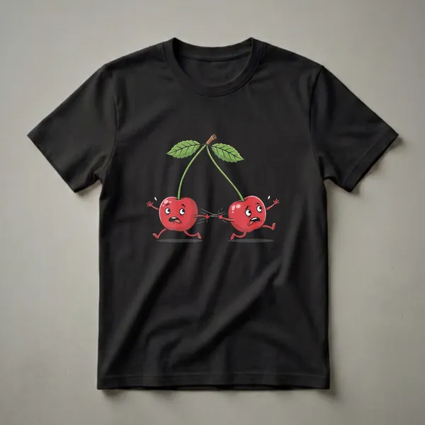 Black t-shirt with a graphic design of two cartoon cherries with arms and legs, pulling on a stem between them with distressed expressions and green leaves above.
