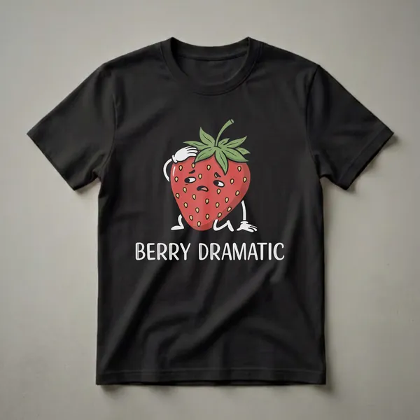Black t-shirt featuring a cartoon strawberry with a worried expression and white cartoon hands, with the words 'BERRY DRAMATIC' in white text below.