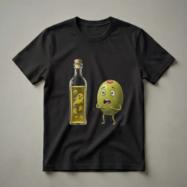 Green t-shirt with a cartoon design of a bottle of olive oil containing ghosts and olives, standing next to a crying, scared olive character.