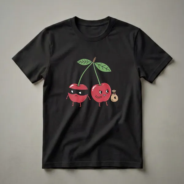Black t-shirt featuring a cartoon illustration of two cherries. One cherry wears a black eye mask and has a determined expression, while the other cherry grins mischievously and holds a small burlap money bag.