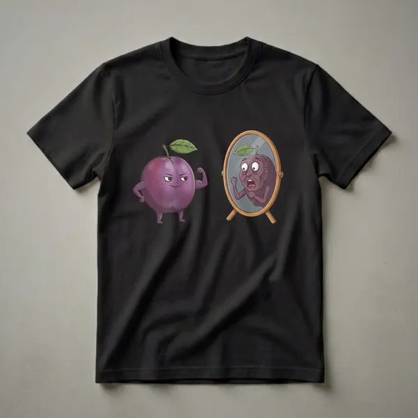 A graphic t-shirt design featuring a muscular cartoon plum flexing its bicep in front of a mirror, which reflects a shriveled prune with a shocked expression.