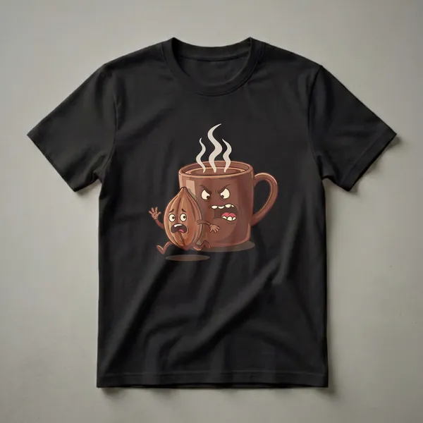 A brown graphic t-shirt featuring a cartoon cocoa bean running in fear from an angry, steaming mug of coffee with a dark background.