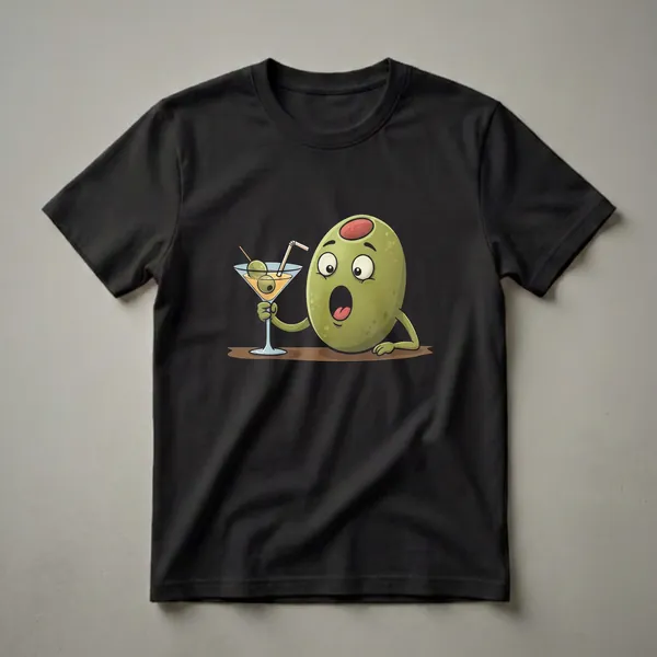 Green cartoon olive character with wide eyes and open mouth holding a martini glass with two olives and a straw, against a black background.