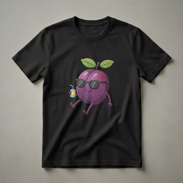 A purple plum character wearing black sunglasses and holding a juice box, depicted on a black background.
