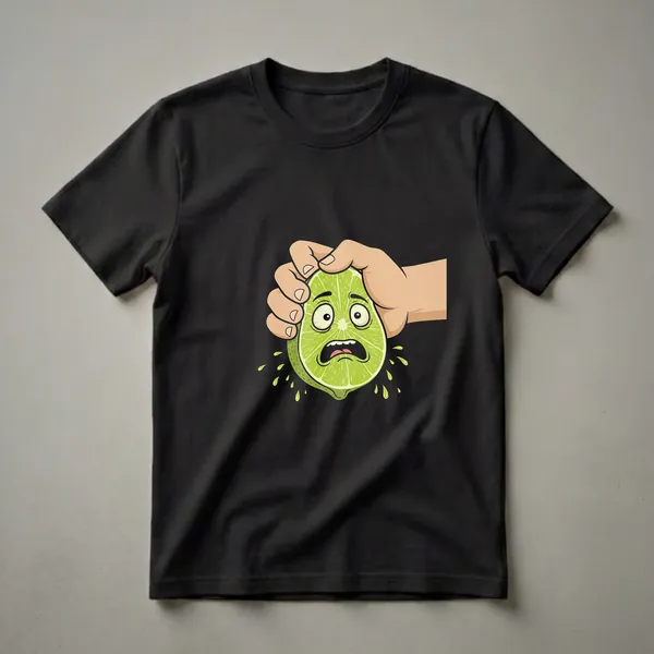 Black t-shirt featuring a cartoon illustration of a green lime with a shocked face being squeezed by a hand, with juice splattering.