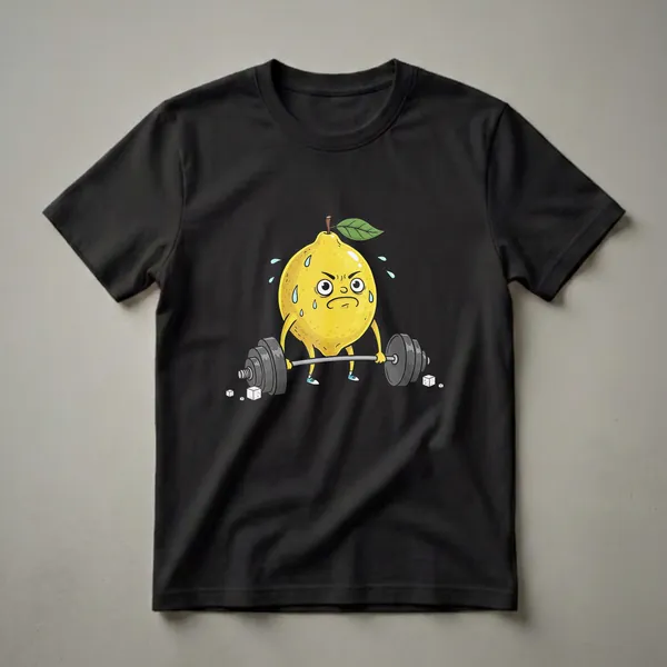 Black t-shirt featuring a cartoon yellow lemon character with a grumpy expression, sweating and lifting a barbell, with sugar cubes scattered nearby.