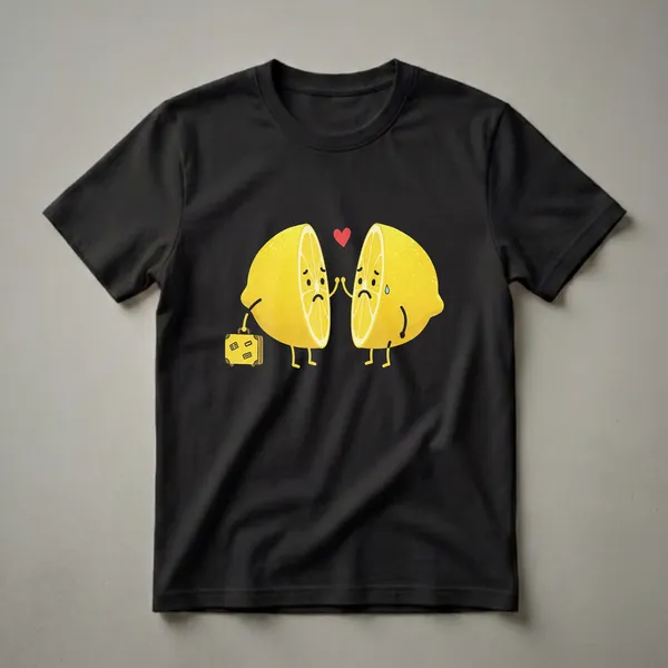 Black t-shirt featuring a cartoon illustration of two sad, split lemons with arms and legs, one holding a yellow suitcase, with a red heart above them.