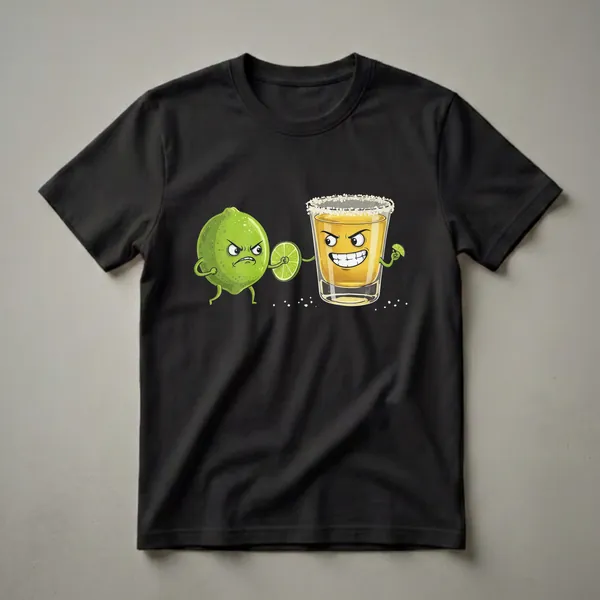Black t-shirt featuring a cartoon illustration of an angry lime character facing a shot glass of tequila with a mischievous grin, salt on the rim.