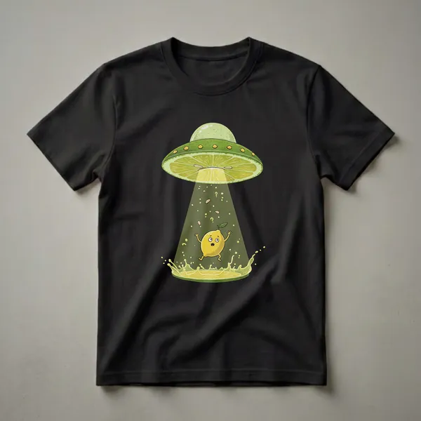 White t-shirt featuring a cartoon lime slice UFO abducting a cartoon lemon with a beam of light, surrounded by juice splashes and seeds.