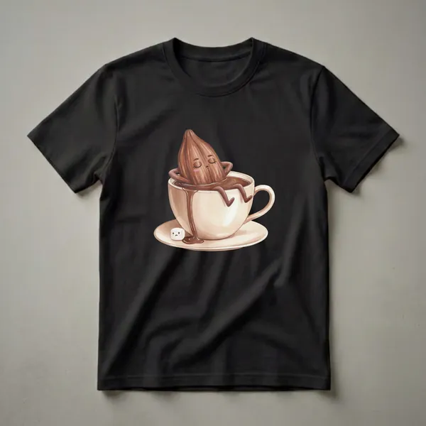 A white graphic t-shirt featuring a watercolor illustration of a personified brown cocoa bean relaxing in a cup of hot chocolate, with a small, sad marshmallow on the saucer.
