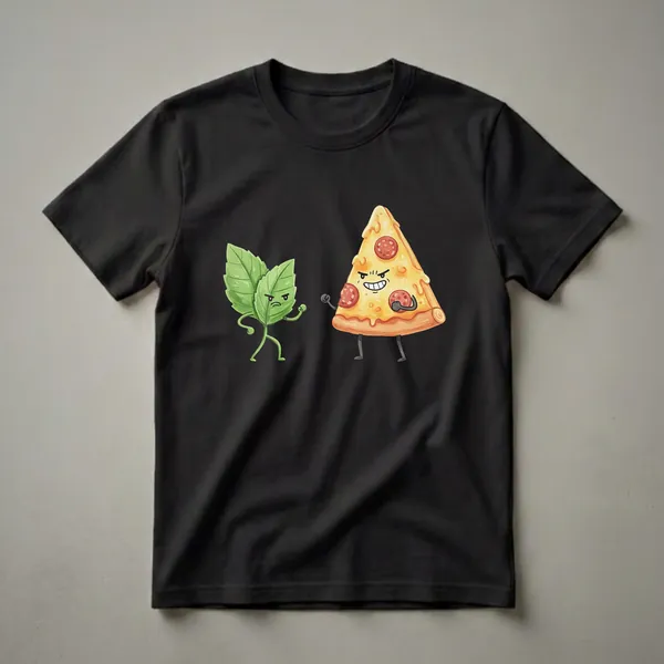 A watercolor graphic t-shirt design showing a cartoon basil plant with an angry face and fists up, facing a cartoon slice of pepperoni pizza with a mischievous grin.