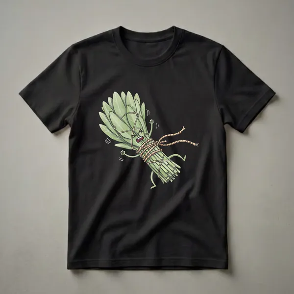 A graphic t-shirt design featuring a cartoon bundle of sage leaves tied with rope, with a distressed face and arms and legs flailing.