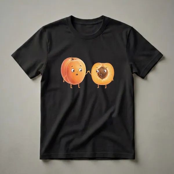 A graphic t-shirt featuring two cartoon apricots, one whole and one halved, holding hands with surprised expressions and cartoon legs.