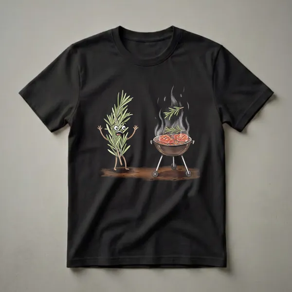 A funny graphic t-shirt featuring a cartoon rosemary sprig with a scared expression standing next to a charcoal grill with two steaks cooking on it, with smoke rising.