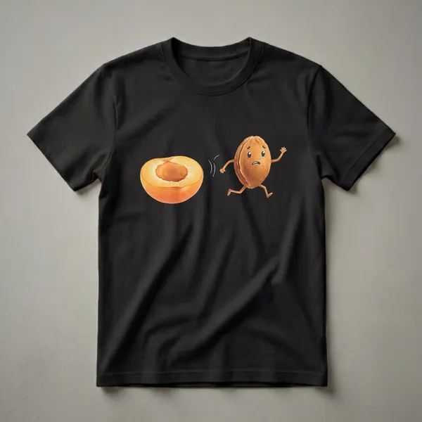 White graphic t-shirt featuring a watercolor illustration of a running apricot pit with a worried face, fleeing from a halved apricot.