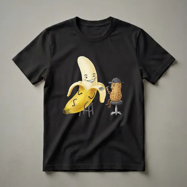 A graphic t-shirt design featuring a peeled banana with a smiling face getting a barcode tattoo from a peanut character wearing a cap, on a black background.