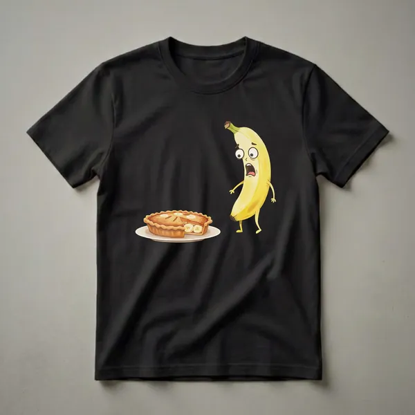 A yellow cartoon banana with wide eyes and an open mouth stands to the right of a banana pie on a white plate. The pie has a golden crust and banana slices on top and inside.