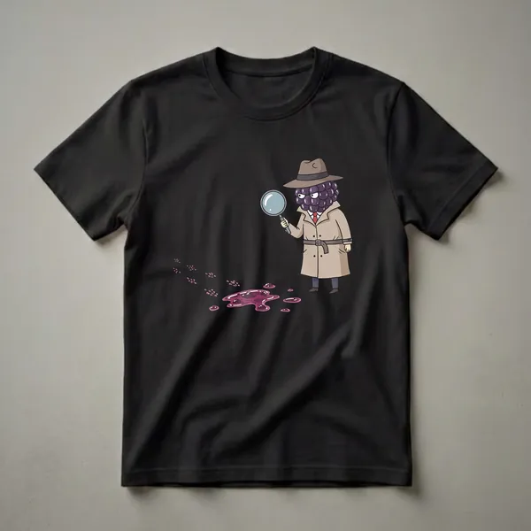 Black graphic t-shirt featuring a cartoon blackberry detective examining berry splatters and footprints with a magnifying glass.