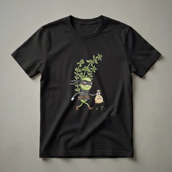 Black t-shirt featuring a cartoon illustration of a green thyme herb character wearing a black mask and bandana, holding a burlap sack labeled 'THYME' and dropping leaves.