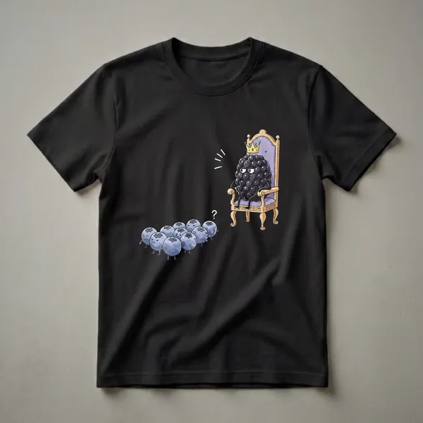 Black graphic t-shirt featuring a cartoon blackberry wearing a crown and sitting on a throne, looking down at a group of confused blueberries with a question mark above them.
